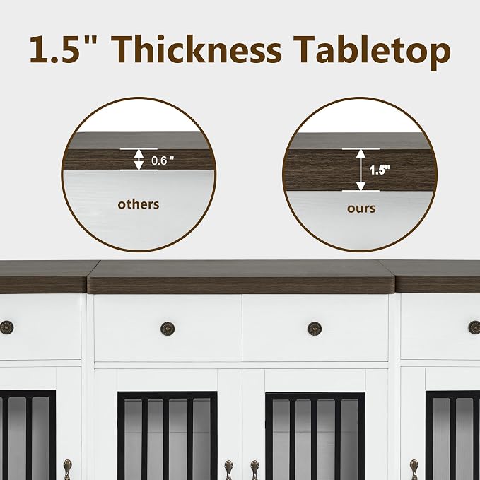 MCombo 55.5" Wooden Dog Crate Furniture with 4 Drawers 1872 White and Brown | 4 Lockable Doors, Indoor as TV Stand, For Medium/Large Dogs, Elegant Handles Design