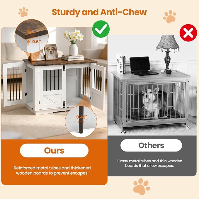39.4" Dog Crate for Small/Medium Dogs, 3-in-1 Furniture Style Wood Dog Crate End Table TV Stand with 3 Doors, Decorative Pet House Dogs Cage Furniture for Living Room, Bedroom, Entryway, White