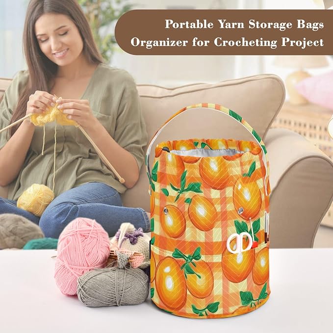 Tatenale Crochet Bag Yarn Bag Knitting Project Bag with Pockets and Handle Portable Yarn Storage Organizer Tangle Free 8.3x11 InchCartoon Orange Plaid37