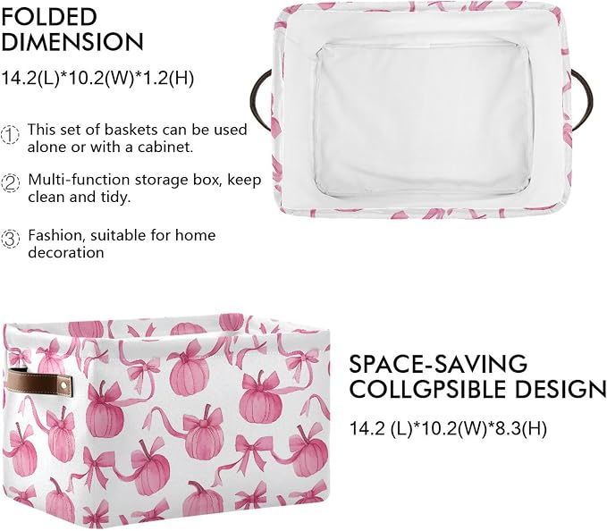 Wamika Pumpkin Bow Pink Storage Basket with Waterproof Liner and PU Handles Fall Storage Bins Boxes 14.2" Collapsible Decorative Organizer Baskets for Bedroom Closet Office 1 Pack
