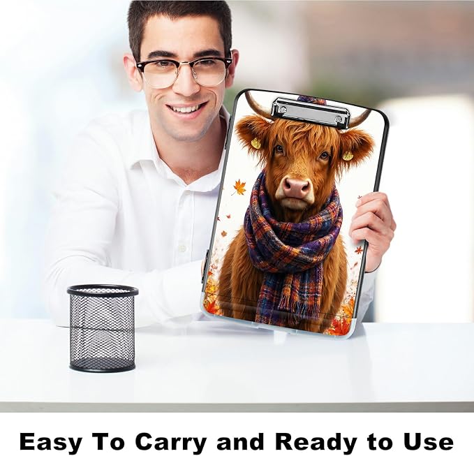 A4 Clipboard with Storage Pen Holder, Clipboards Organizer Nursing Clipboard Foldable File Folder Plastic Clipboard Folio Clip Board for Office Work Classroom Doctor, Scarf Yellow Bull