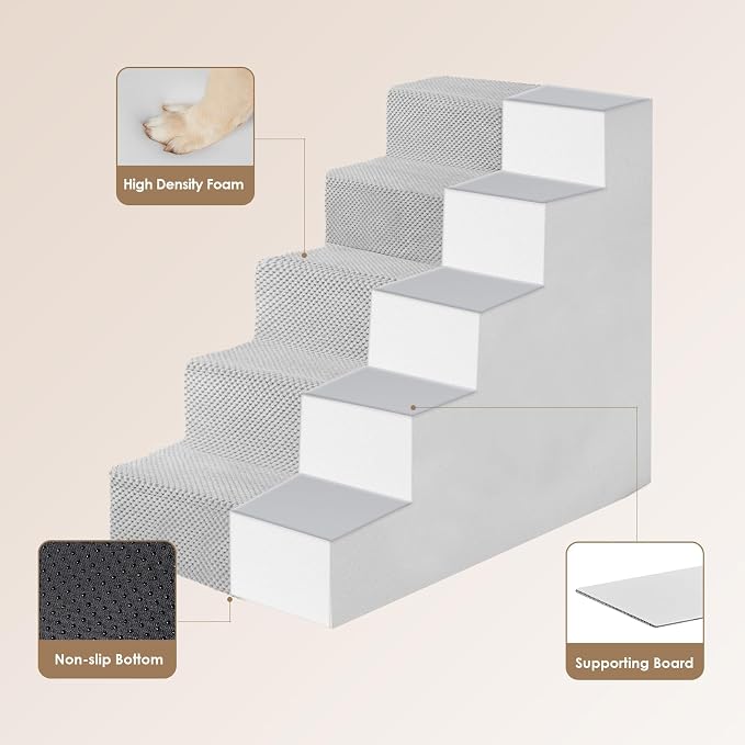 EHEYCIGA Dog Stairs for High Bed 22.5" H, 5-Step Dog Steps, Light Grey | Pet Steps for Small Dogs and Cats for Bed, Non-Slip Balanced Pet Ramp Indoor