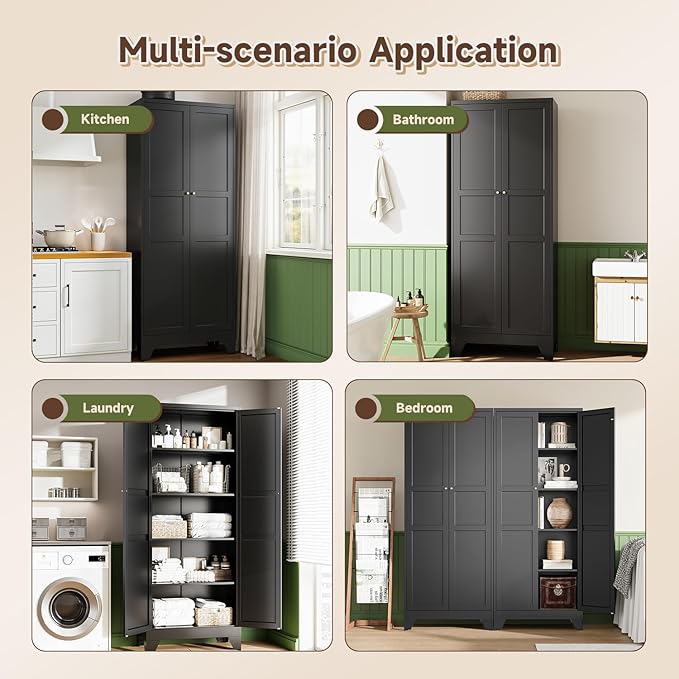 75" H Metal Storage Cabinet with 2 Doors and 4 Shelves,Tall Kitchen Pantry Cabinets,Farmhouse Utility Pantry Organizers for Cupboard/Dining/Bathroom/Home Office/Garage Room,Black