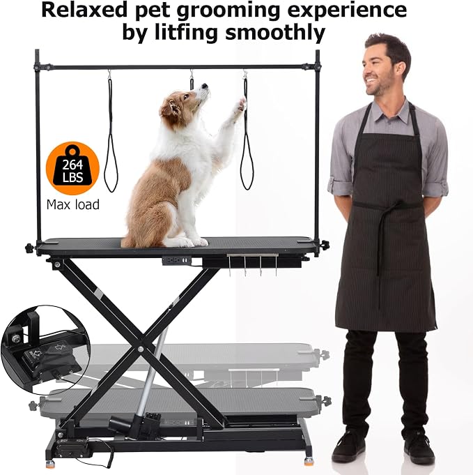 Professional Electric Grooming Table for Dogs At Home, Capacity 264LBS | Black Dog Grooming Table Height Adjustable Pet Grooming Table with Dog Grooming Arm, Anti Slip Tabletop, Tool Organizer