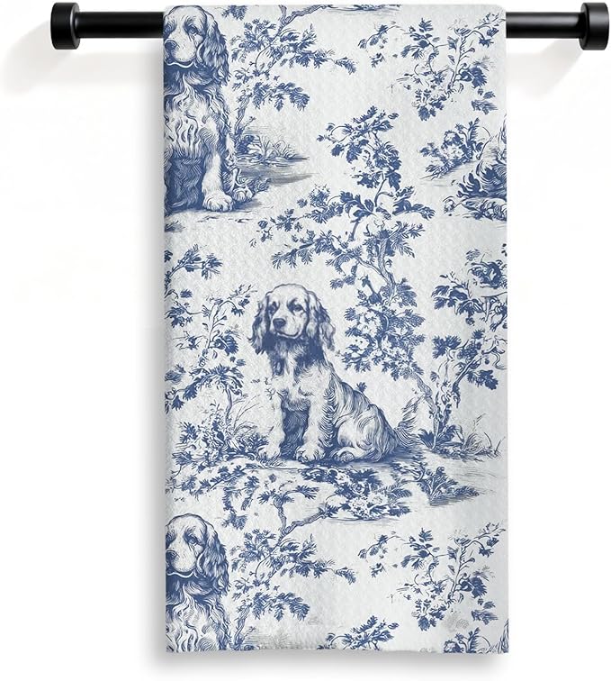 Cocker Spaniel Kitchen Dish Towels,Blue and White Floral Dog Towel Dish Tea Towels, Chinoiserie Decor for Kitchen Bathroom,Cocker Spaniel Gifts for Dog Lover Mom Dad,16x24 Inch
