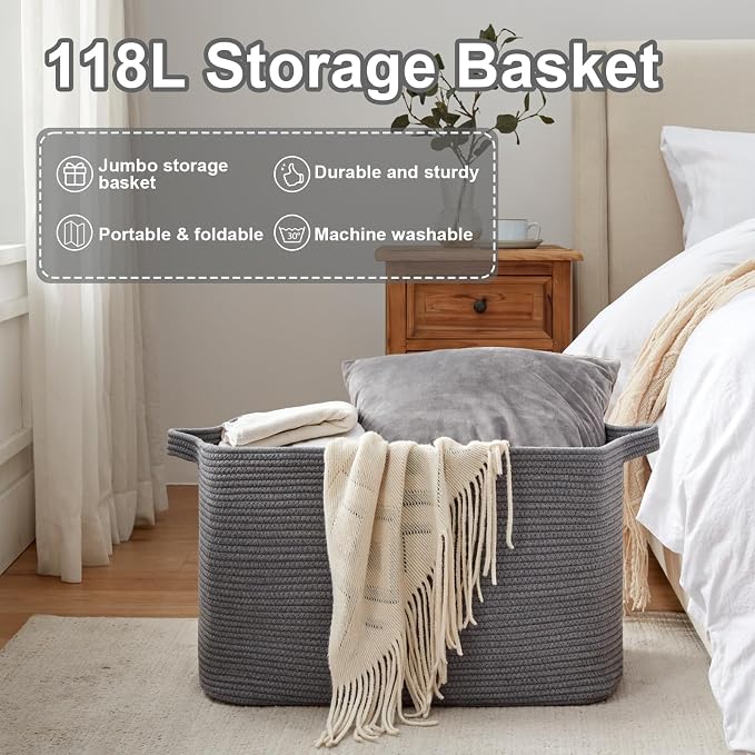 OIASKET 118L Extra Large Blanket Basket, 24.8" x 17.7" x 17.2" Woven Basket | Nursery Blanket Storage Living Room, Toy Storage with Handle, Large Storage Baskets for Organizing Toys, Dirty Clothes