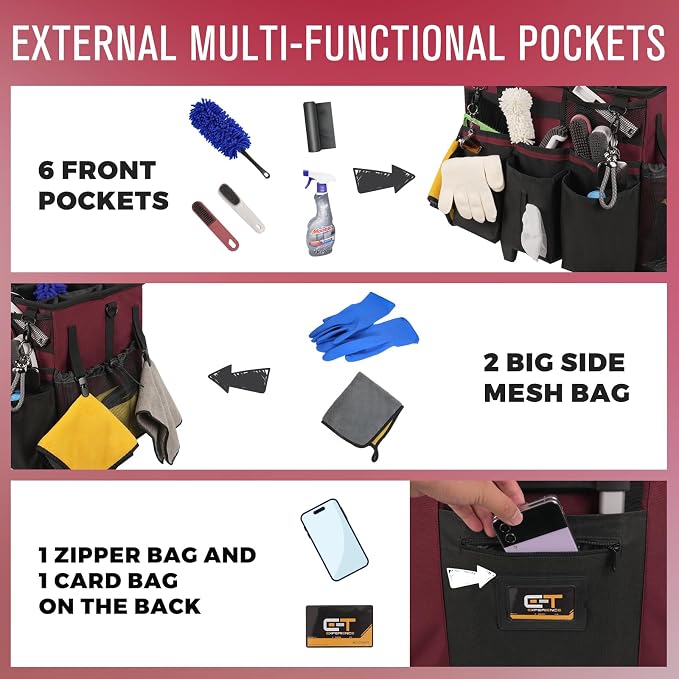 SCAVATA Rolling Cleaning Caddy Bag with Detachable Trolley, Large Cleaning Supplies Organizer with Wheels, Multi-Pocket Cleaning Cart with Adjustable Shoulder Strap for Housekeepers (Magenta)