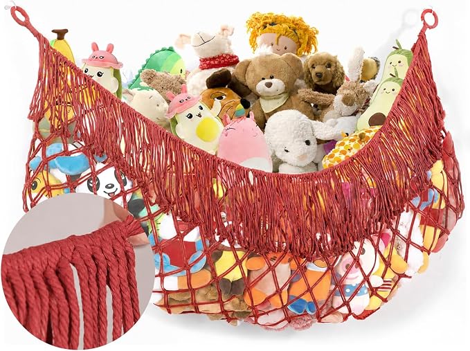 Stuffed Animal Hammock - Extra Large 63'' Long (Red) | Premium Cotton Hand-knitted, Beautiful Long Tassel, Storage Hanging Organizer, Can Fit Stuffed Animals 40 Piece or More