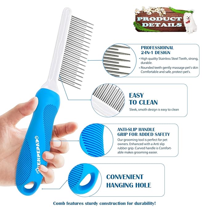 GENPEPADO Grooming Comb for Dogs and Cats with Long & Short Stainless Steel Metal Fine Teeth for Detangling Matted Hair - Pet Detangler Comb for Removing Tangles, Knots, Loose Fur from The Undercoat