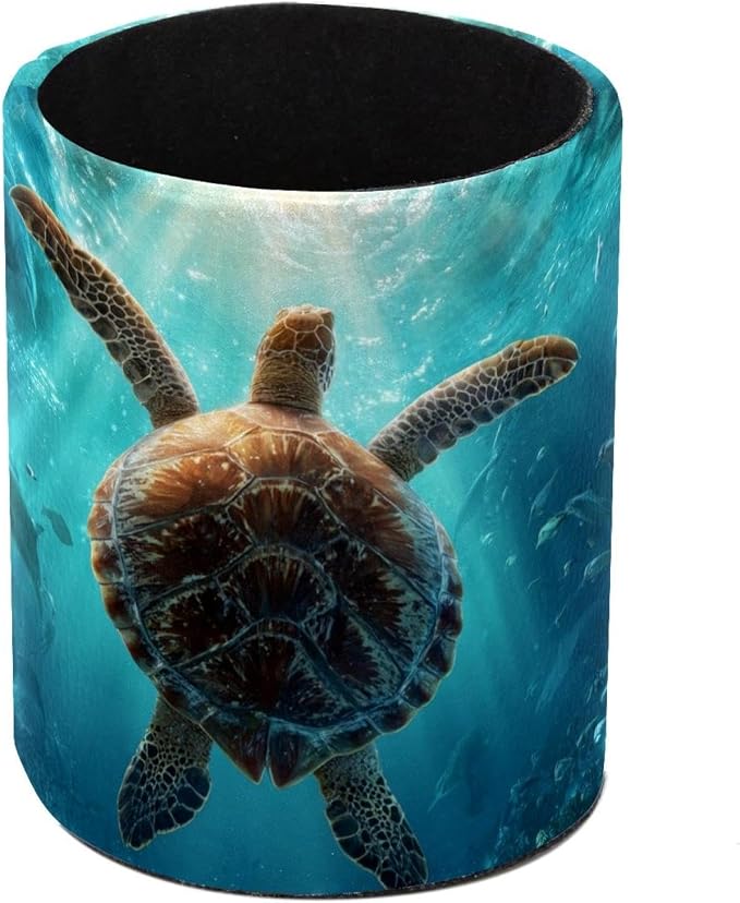 Faux Leather Pen Holder for Desk, Pencil Organizer Sea Turtle Pen Cup Desk Decor Makeup Brush Holder Storage for Office Home