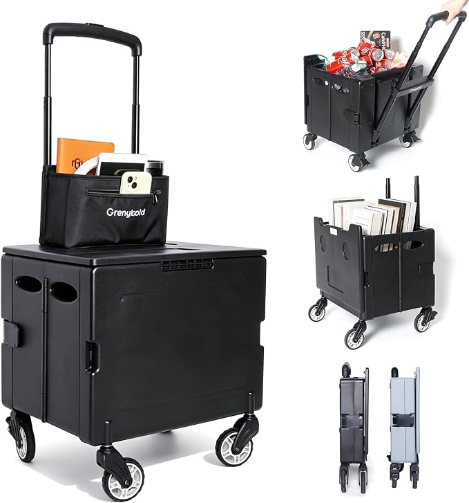 Foldable Utility Cart Portable Rolling Crate Handcart Shopping Trolley Collapsible Rolling Crate cart Tool Box, with Lid, Pull carts on Wheels, for Grocery, Shopping, Office, Teacher