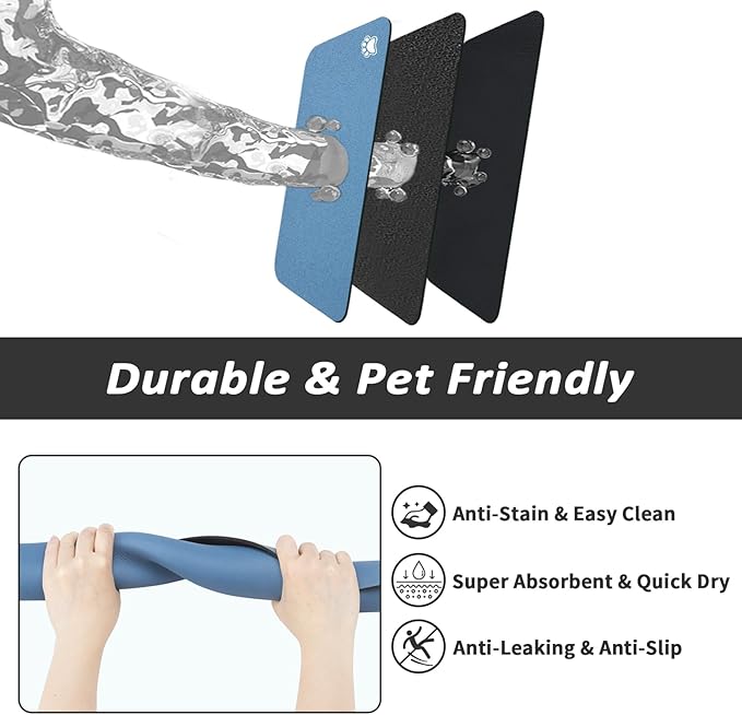 HotLive Dog Food Mat - Absorbent Cat Mat for Food and Water, No Stains Pet Feeding Bowl Mat, Easy to Clean Pet Placemats, Quick Dry Dog Water Dispenser Mat for Messy Drinkers | Paw Blue 16"x 24"