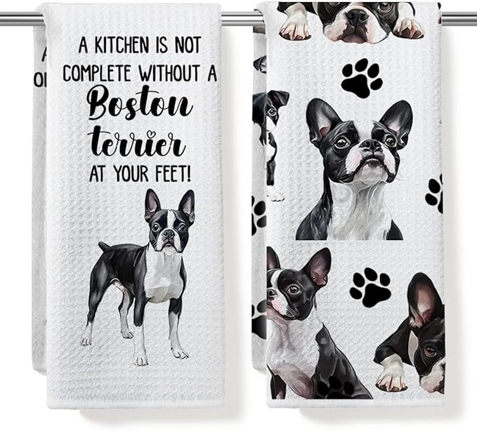 Boston Terrier Waffle Weave Kitchen Towels, Quick Dry Multipurpose Hand Towels for Bathroom, Absorbent Reusable Cloth Tea Dish Towels for Home Decor, Dog Lover Gift Towel Set of 2