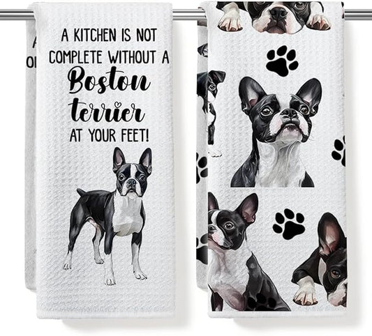 Boston Terrier Waffle Weave Kitchen Towels, Quick Dry Multipurpose Hand Towels for Bathroom, Absorbent Reusable Cloth Tea Dish Towels for Home Decor, Dog Lover Gift Towel Set of 2