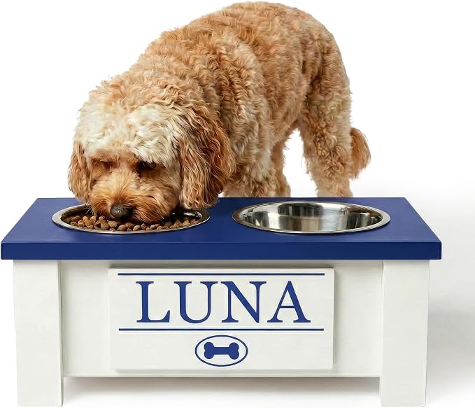 Elevated Dog Bowls for Small Dogs, Personalized Food Stand for Small Breed | Farmhouse Style, Elevated Wood Stand, Storage Container, Stainless Steel Bowls, Raised Anti-Slip Feeder, Made in USA