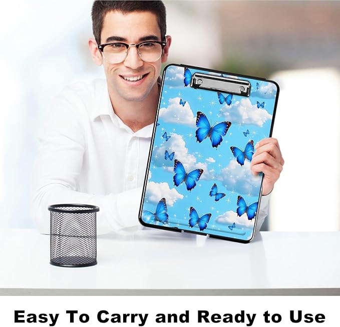 Heavy Duty Storage Clipboard, Slim Nursing Clipboard with Internal Pen Case, Portable File Organizer Case for A4 Letter Size Paper Office Medical Professionals, Blue Butterfly White Cloud