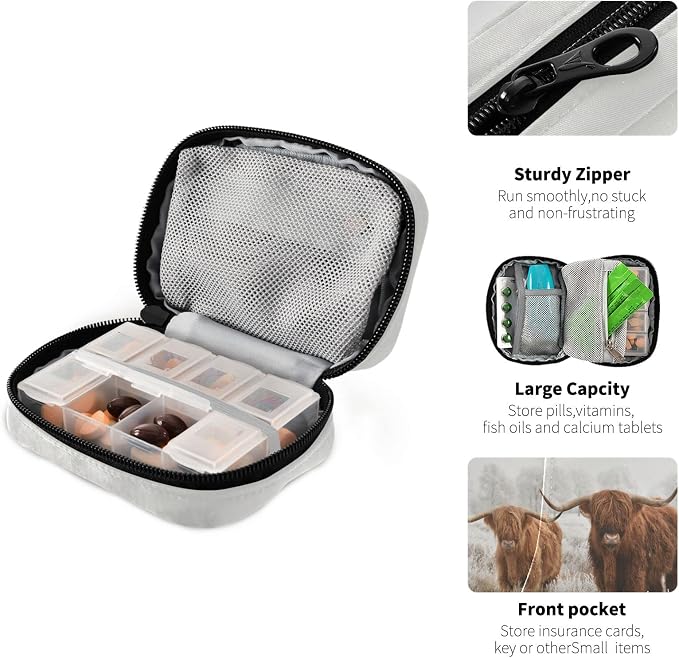 Highland Cow Travel Pill Case Portable Weekly Pill Box Bag Container 7 Days Pill Organizer Vitamin Supplement Holder with Zipper for Family Business