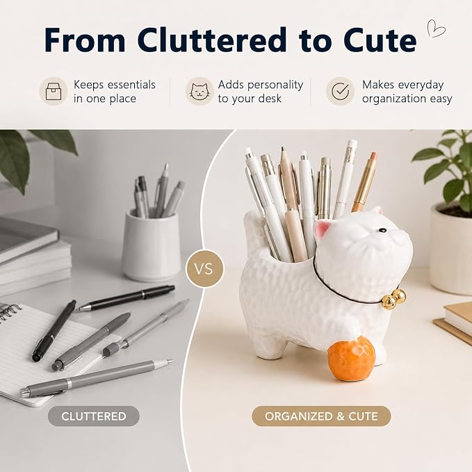 Ceramic Cat Shaped Pen Pencil Holder for Desk Decoration Accessories Cat Decor Makeup Brush Pen Cups Office School Ideal Gifts for Women, Mom or Birthdayscr