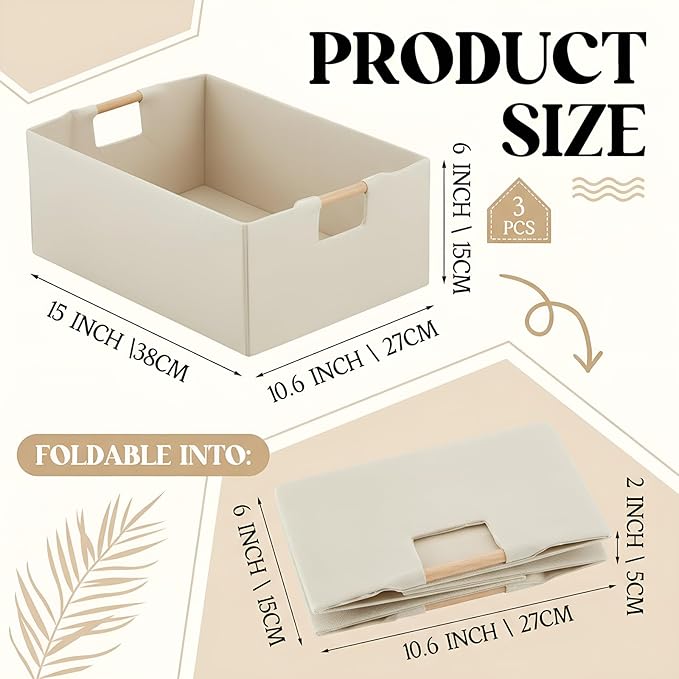 Cinnvoice 3 Pack Fabric Storage Bins for Closet Shelves, 15 x 10.6 x 6 Inch Beige Rectangle Wardrobe Organizer with Handle, Collapsible Shelves Storage Basket for Sorting Clothes and Toy