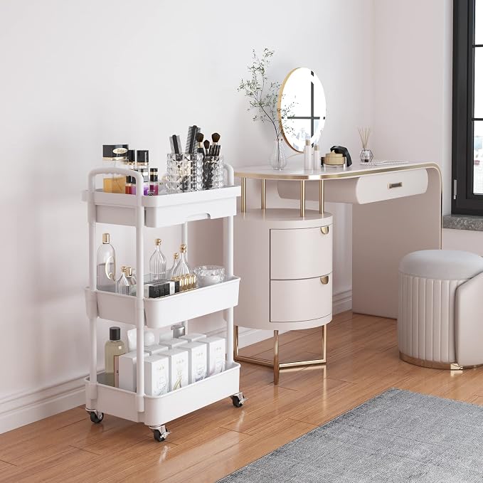 Calmootey 3-Tier Utility Cart with Drawer & Wheels, Storage for Home,Office | Space-Saving Organizer, Sturdy Plastic Shelves, Smooth-Rolling Metal Wheels, Built-in Drawer for Small Items, White