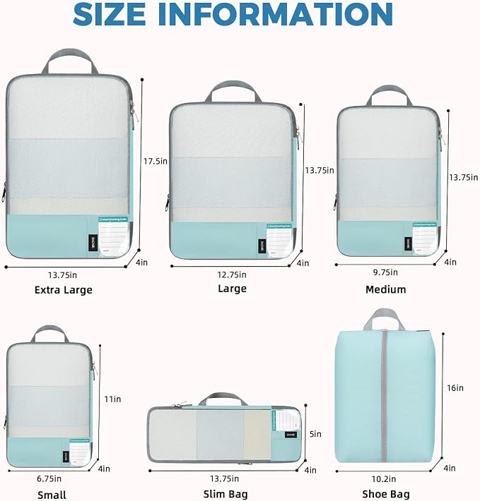 BAGAIL Lightweight Compression Packing Cubes for Travel, 6 Set, Dusty Blue | Salis Nylon Fabric,Anti-Tearing,Save Space,SBS Zippers,Packing List,PVC Tag Pocket,Custom Labels,Visible Mesh,Portable Handel
