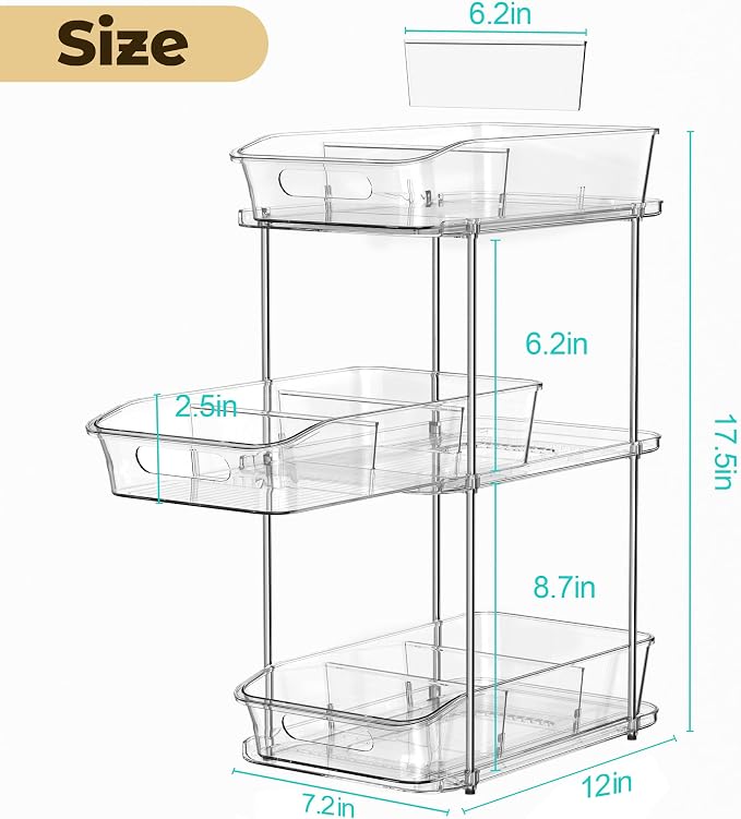 incostar 3 Tier Under Sink Organizer and Storage - Multi-Purpose Stackable Pantry Organizer with Pull-Out Clear Bins and Movable Dividers for Kitchen and Bathroom Cabinet