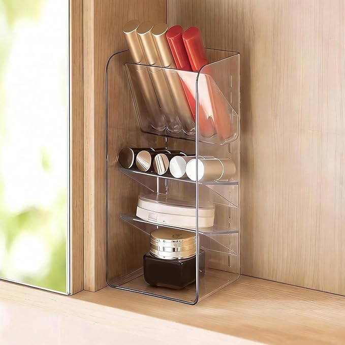 PAVSTINE Medicine Cabinet Organizer with Adjustable Dividers, Clear Vertical Layered Backward Slanting Shelves for Makeup Brush/Lip Gloss/Mascara Storage (3-Tier Slant-Gentle Slant)