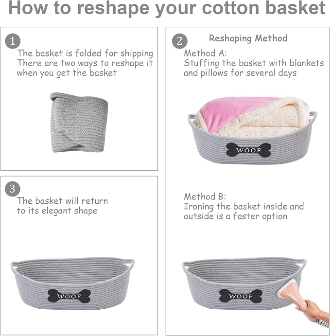 Morezi Dog Toy Baskets Pet Toy Basket Storage in Small Shallow Bin - Perfect for Collect Puppy Toys, Cat Toy, Grooming Stuff, Diapers, Bed, for Bathroom, Playroom, Closet, Home - Cotton Rope - Grey