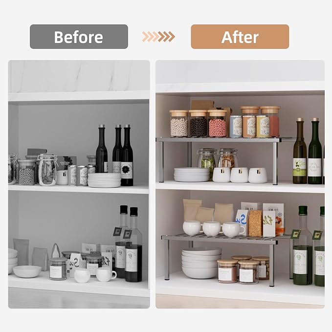 STORAGE MANIAC Expandable Cabinet Organizer Shelf, Set of 4, Gray | 15.8 inches Expandable, Stackable Wire Shelf, Spice Rack, Metal Pantry Storage for Plate Dish, Kitchen Counter Shelves