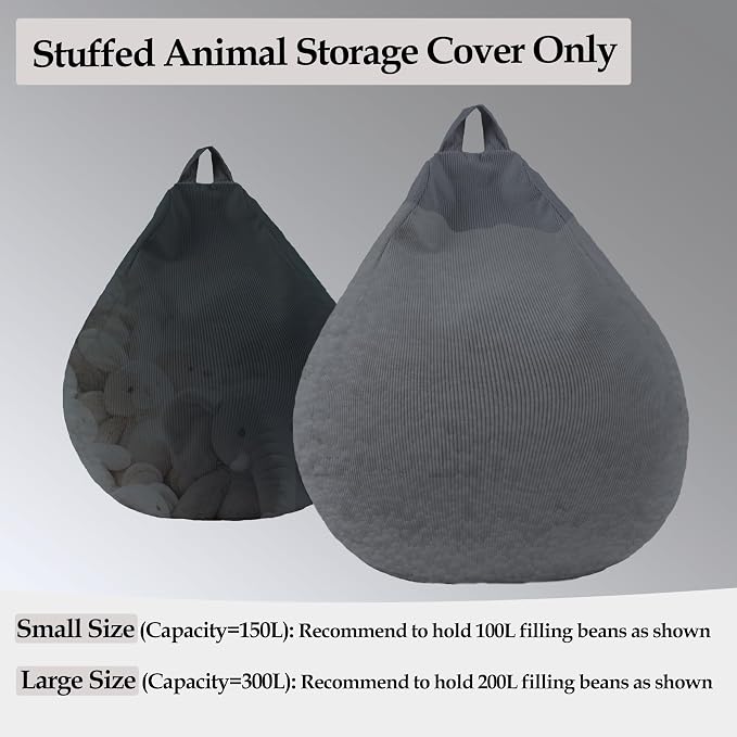 LPMOERA Stuffed Animal Storage Soft Bean Bag Cover No Filler Dark Grey | Skin-Friendly,Portable,Wide Easy-Load Opening,Hidden Zipper,Decorative Organizer