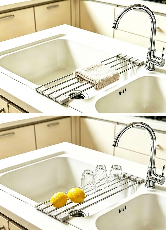 Ahyuan Roll up Dish Drying Rack Over The Sink Kitchen Roll up Sink Drying Rack Portable Dish Drainer Foldable Dish Drying Rack (Warm Gray, 17.8''X3.7'')