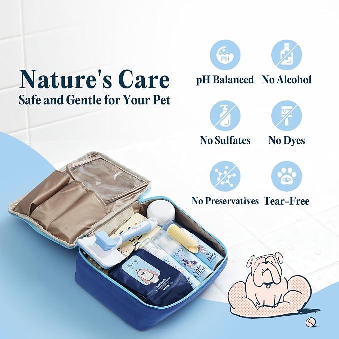 FlyDog The Rover Pet Travel Bag - 11 Piece Dog Grooming Kit with Shampoo, Conditioner, Paw Cream, Toothpaste & Toothbrush, and More, Dog Camping Essentials for Hiking and Outdoor Adventures