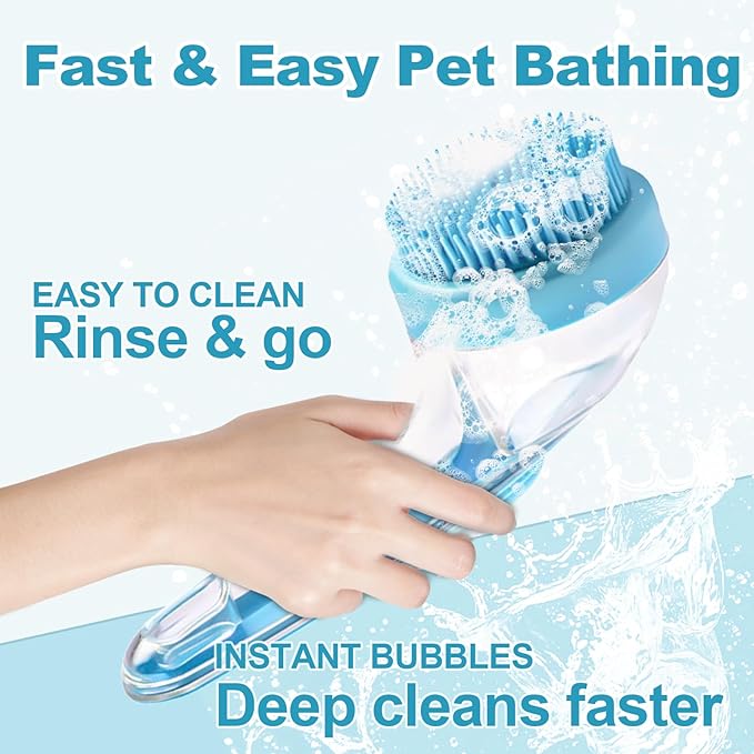 Dog Bath Brush with Shampoo Dispenser - 4-in-1 Pet Bath Brush & Grooming Kit, Dog Shampoo Brush, Includes Silicone Scrubber Pet Shower Brush, Compressed Towel, Wipes & Tablets for Cat Shower