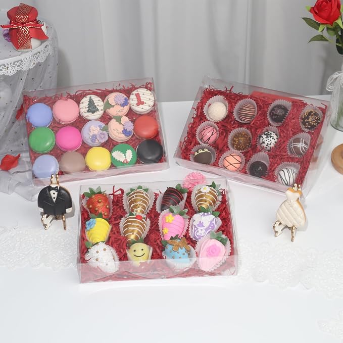 RomanticBaking 50PCS 10x7x2 inches Clear Cookie Boxes Strawberry Boxes | Bakery Boxes Macaron Boxes Gift Boxes Treat Boxes for Party Favors