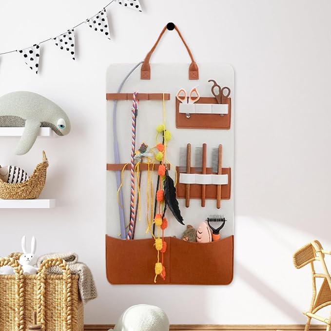 Cat Toy Holder Organization Wall Mount Home Decor Pockets | Wand Toy Organizer Bag for Indoor Cats Grooming Brush Pet Comb Bedroom Living Room Home Apartment
