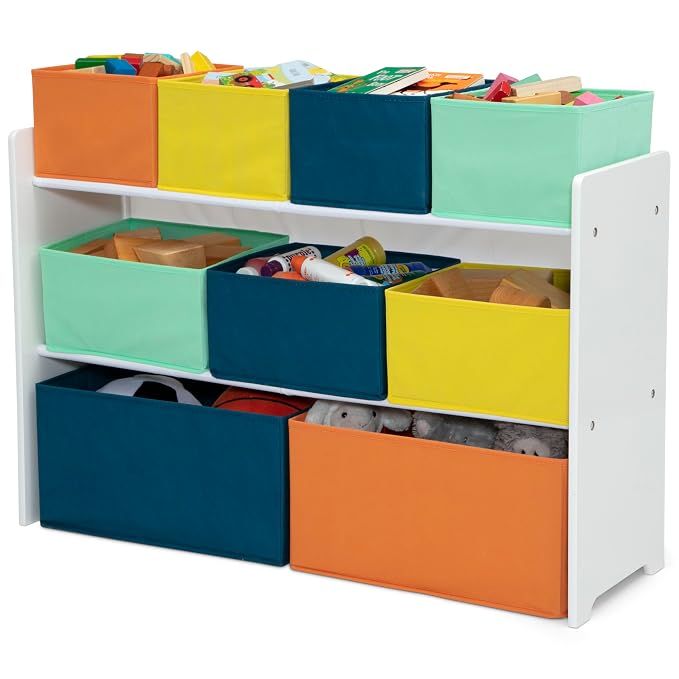 Delta Children Deluxe Multi-Bin Toy Organizer with Storage Bins - Greenguard Gold Certified, White with Navy/Green/Pastel Bins