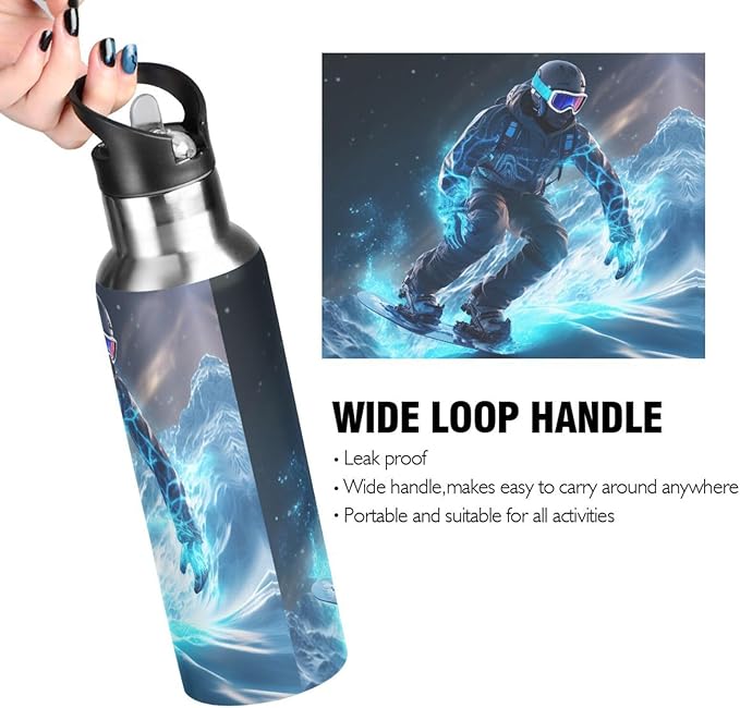 Skier Ski Water Bottle with Straw Lid Kids Insulated Stainless Steel Water Flask Sports, 20 Oz Hot Cold