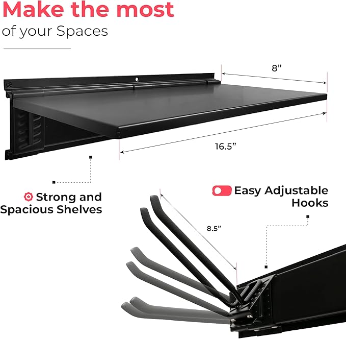 TIDYME Garage Tool Organizer Wall Mount 64", 2 Shelves & 4 Single Hooks | 2x16.5 in floating shelves hold 120 lbs each, 8.5 in hooks 50 lbs each, anti-rust carbon steel, garage organization