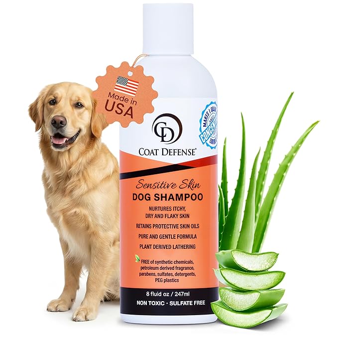 COAT DEFENSE Sensitive Skin Dog Shampoo | Made in USA | Hypoallergenic Dog Shampoo for Allergies, Itching & Odor | Gentle Shampoo for Dogs | 8 oz Concentrate to 32 oz