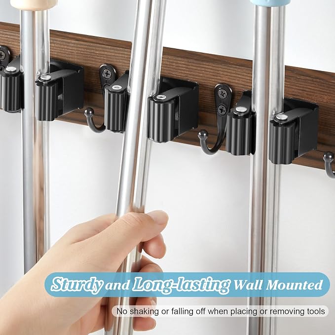 Broom Holder Wall Mount - Heavy Duty Wood Mop and Broom Organizer with 4 Slots & 4 Hooks - Garden Tool Hanger for Laundry Room Closet Kitchen Garage Storage and Organization - Modern Home Decor