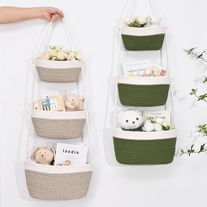 Hanging Basket, 3-Tier Woven Wall Basket with 4 Hooks, Cotton Rope Storage Baskets, Over the Door Organizer for Nursery, Bedroom, Cottage and Boho Wall Decor