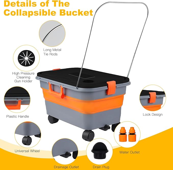 Collapsible Bucket with Wheels and Handle 5.8 Gallon, Drain Plug and Water Outlet, Portable Water Storage Foldable Carts for Mop Cleaning, Camping, RV, Pet Bathing, Fishing, Car Washing