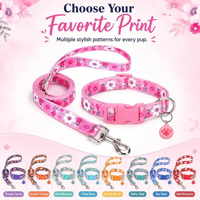 Floral Matching Dog Collar and Leash Set with AirTag Holder-Pink Daisy/S | Anti-Lost,Adjustable Durable Pet Collar Leash Combo for Small Boy Girl Dogs,for Outdoor Walking Hiking Training Running