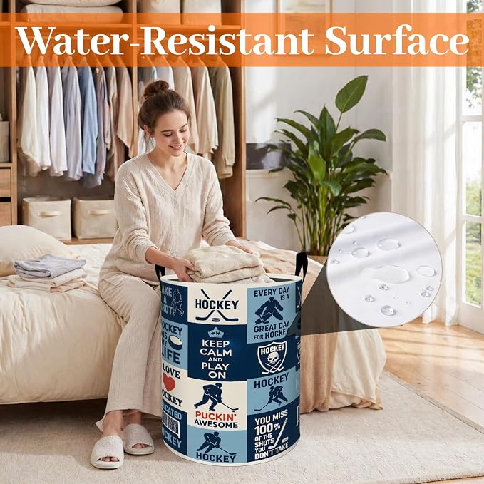 Hockey Sport Laundry Basket, Player Stick Puck Oxford Cloth Dirty Clothes Collapsible Hamper for Room Decor, Athletic Gifts, Toy Organizer 19.7 x 15.7 Inches for Bedroom Bathroom Dorm