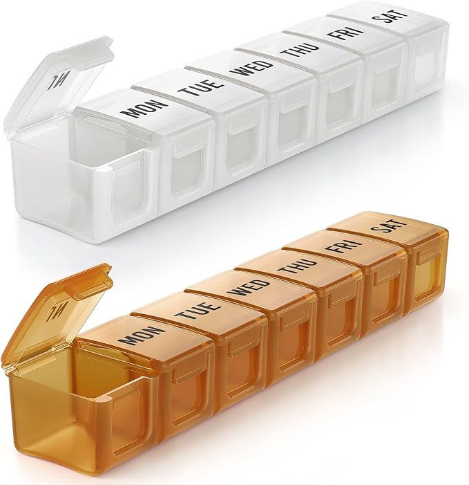 BUG HULL Weekly Pill Organizer Large 2 Packs, Extra Large Travel Pill Organizers, Pill Box 7 Day, Travel Pill Case, Medicine Pill Organizer for Vitamins, Supplements and Medications (Brown+White)