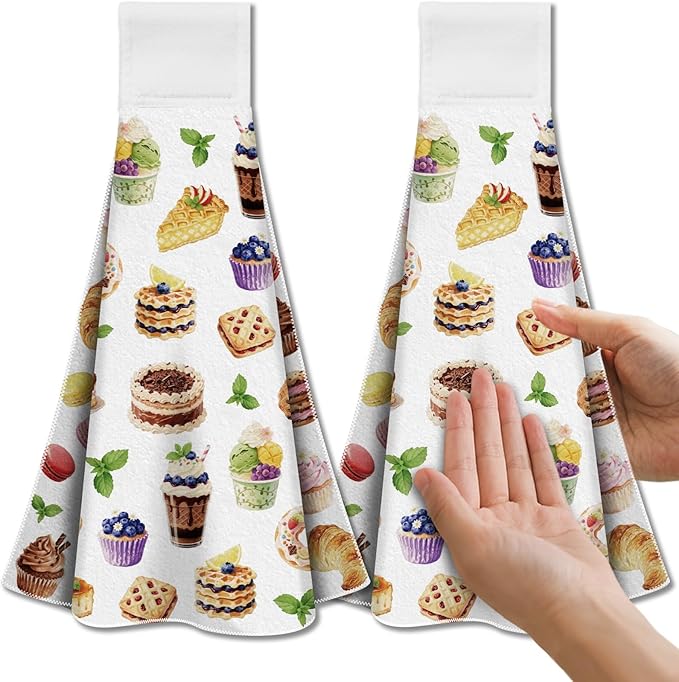 CUTHOLLOW Baking Desserts Cakes Hanging Kitchen Towels with Loop, Set of 2 - Soft & Super Absorbent Microfiber Decorative Hanging Dish & Hand Towel, Tea, Coffee Towel for Kitchen Bathroom Oven Handle