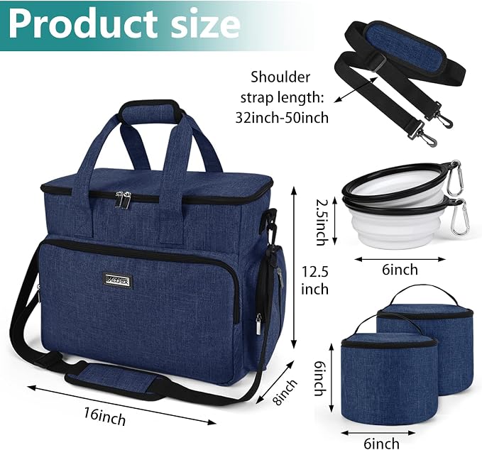 BAGLHER Dog Travel Bag, Pet Travel Bag (ALL Pet Travel Supplies), With 2 Pet Food Containers and 2 Collapsible Silicone Bowls; Essential Kits for Pet Travel Dark Blue