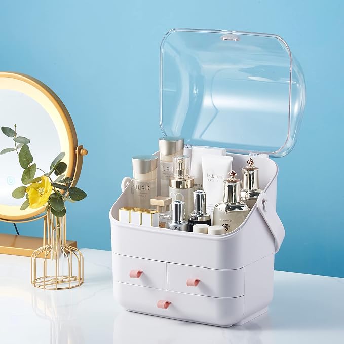 SUNFICON Makeup Organizer Cosmetic Organizer Makeup Storage Holder Box Crystal Clear Lid w Handheld 3 Drawers Dustproof Waterproof for Vanity Bathroom Countertop Birthday