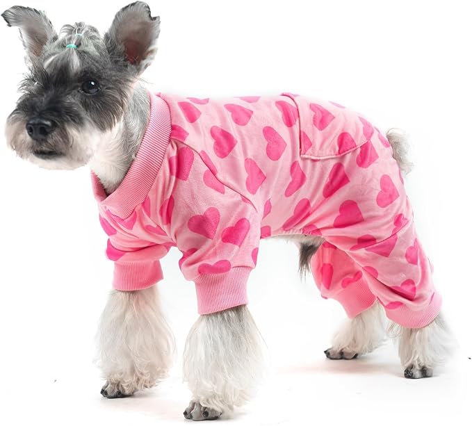 PUPTECK Soft Fleece Pink Heart Dog Pajamas for Small Medium Dogs, Dog Onesie Puppy Sweaters Clothes Jumpsuit Pjs, Cute Jammies Cat Coat Pet Costume Apparel