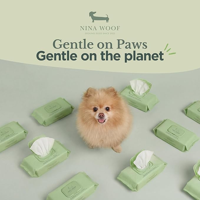 Nina Woof Dog Wipes – Fragrance-Free, Alcohol-Free, Hypoallergenic Pet Grooming Wipes with Aloe Vera, Biodegradable, for Dogs & Cats: Paws, Face, Ears & Butt – (70 Count)